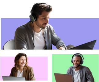 Imagem com profissionais de tecnologia em frente aos seus notebooks, sendo dois homens com fones de ouvido e uma mulher sorrindo.