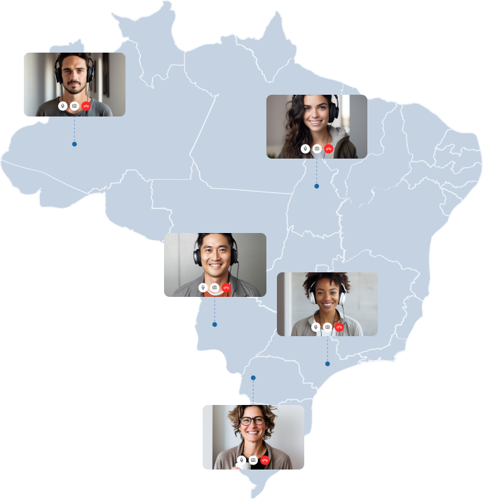 Imagem do mapa do Brasil, com gráficos que representam uma reunião remota entre cinco pessoas