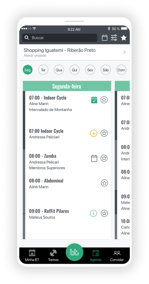 Imagem de um celular com a tela da agenda do aplicativo Bodytech