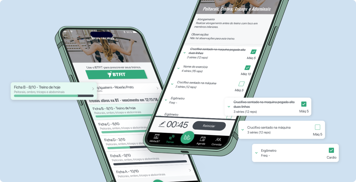 Imagem de dois celulares exibindo páginas de treino do aplicativo Bodytech em um fundo azul claro.