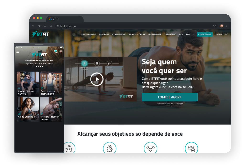 Imagem de um navegador exibindo uma página do Portal BTFIT e um celular exibindo a tela inicial do aplicativo BTFIT