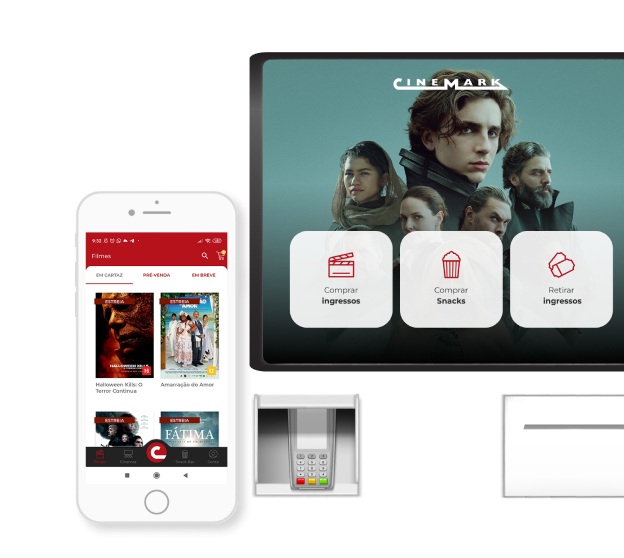 Imagem de um totem de autoatendimento e um celular exibindo a interface do sistema de compra de ingressos do Cinemark.