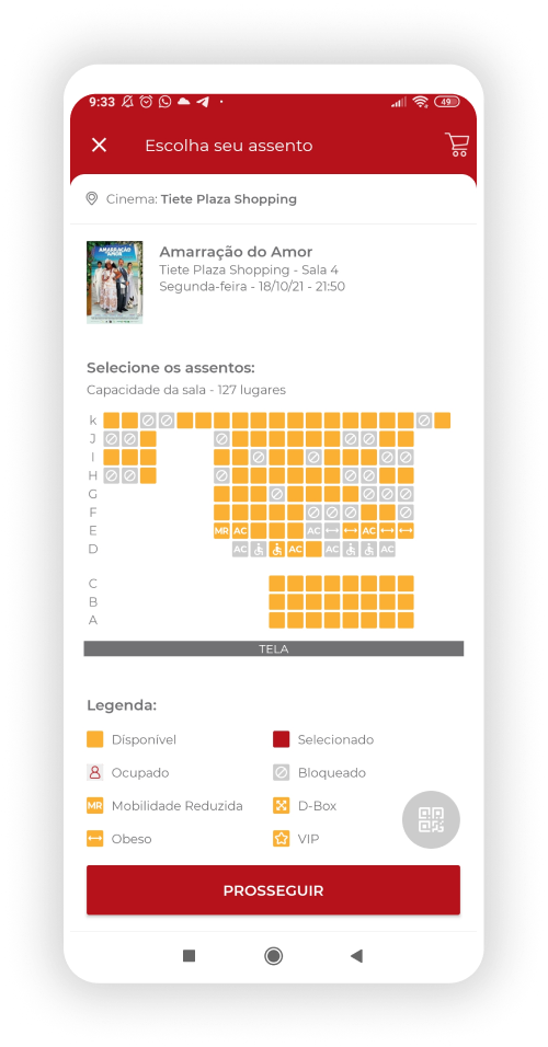 Imagem do aplicativo móvel do Cinemark exibindo a escolha de assento na compra de ingresso do cinema