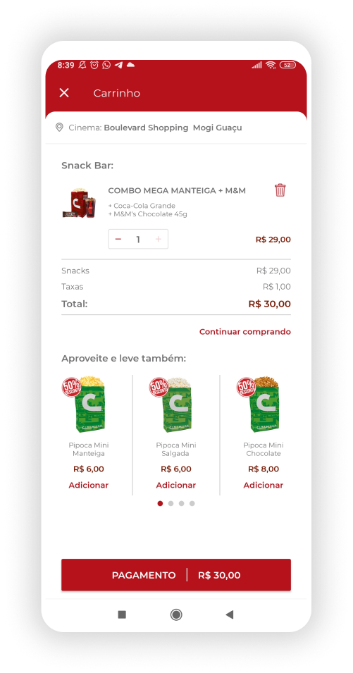 Imagem do aplicativo móvel do Cinemark exibindo a compra de alimentos e extras no carrinho para a sessão de cinema