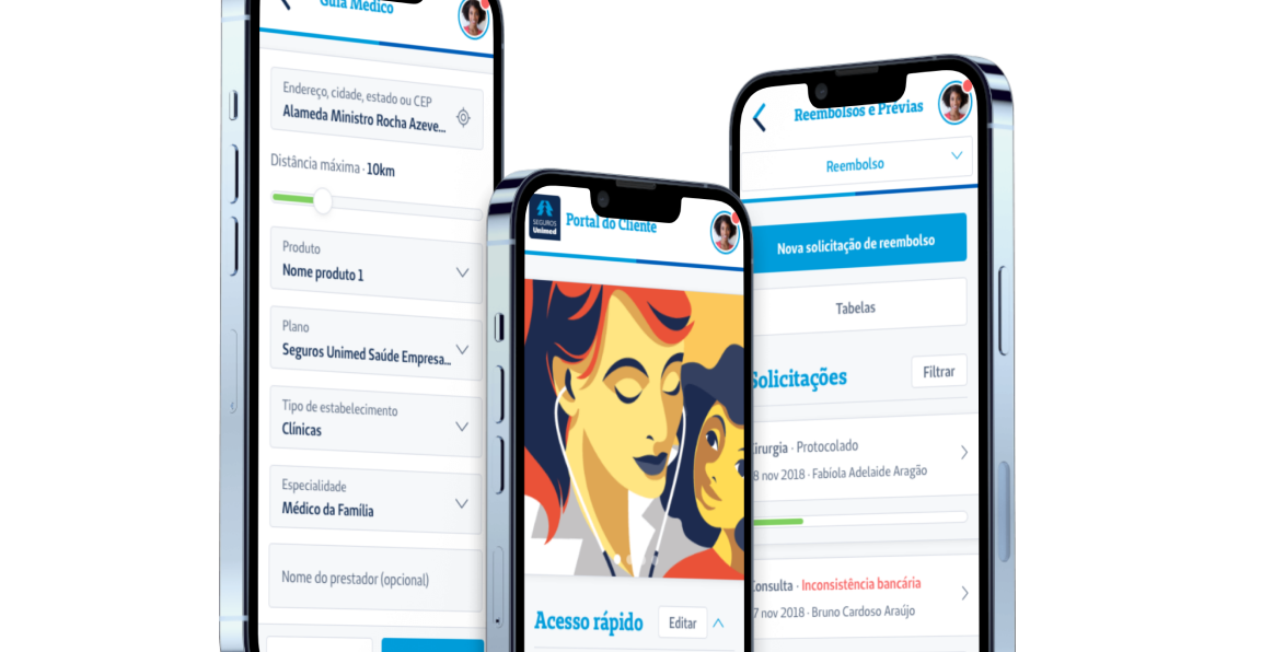 Imagem de três celulares exibindo páginas do aplicativo da Seguros Unimed em um fundo azul claro